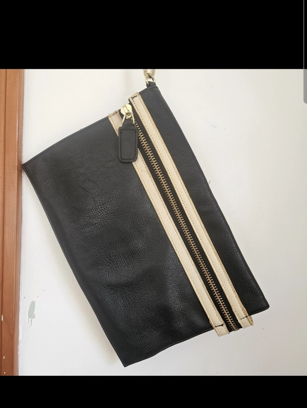 Big Buddha Black Vegan Leather Large Clutch Handbag Gold Ivory Stripe Wristlet - Picture 2 of 8